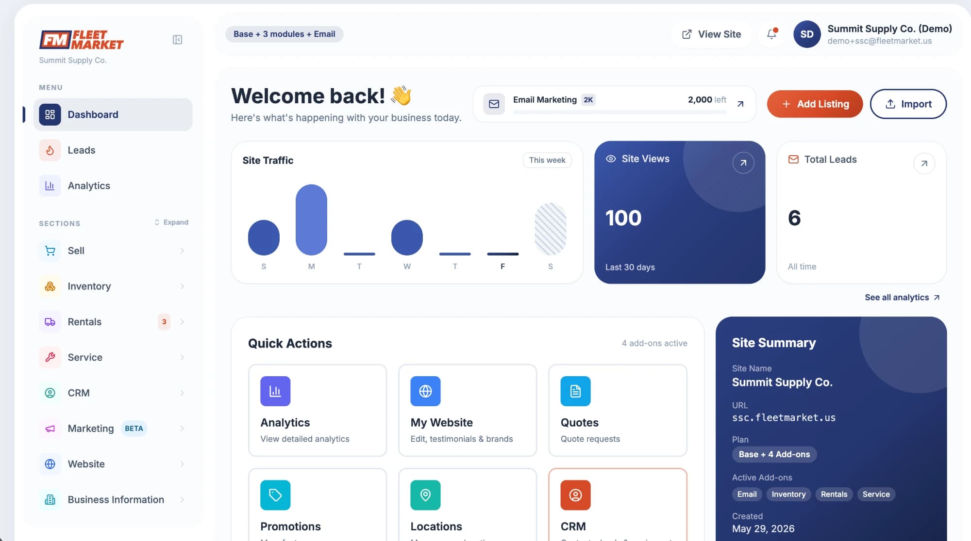 The Fleet Market dealer dashboard showing traffic, leads, and quick actions
