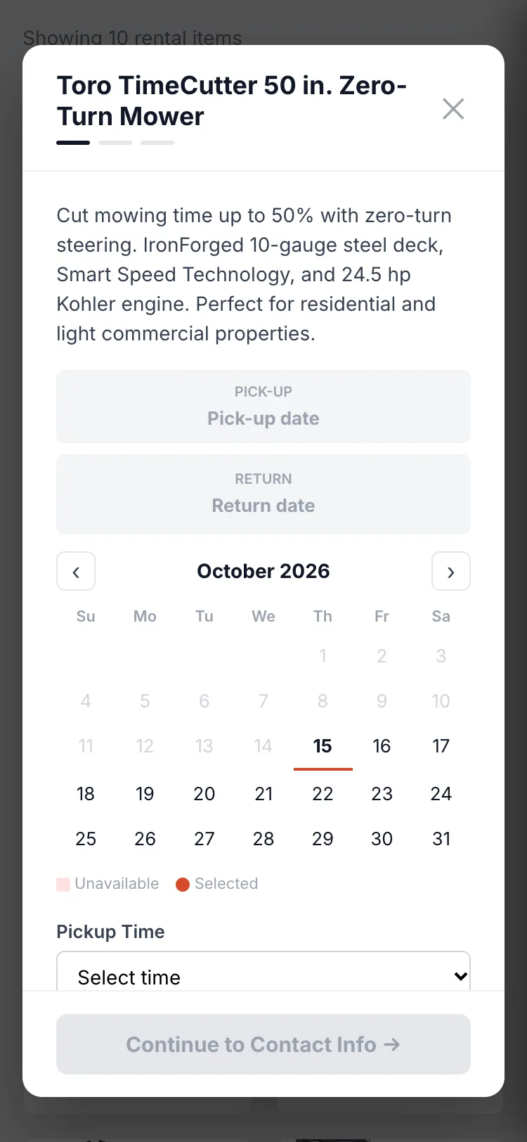 Rental booking calendar on a dealer storefront (demo content)