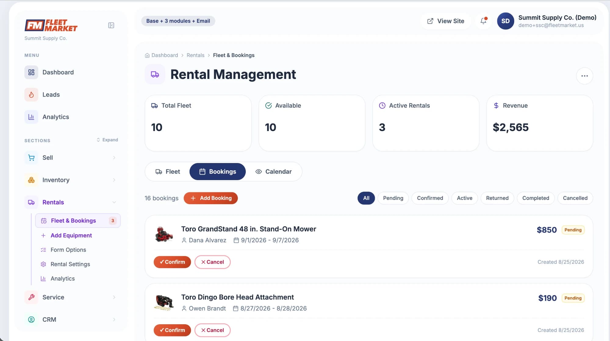 Rental Management bookings list in the Fleet Market dashboard (demo account)