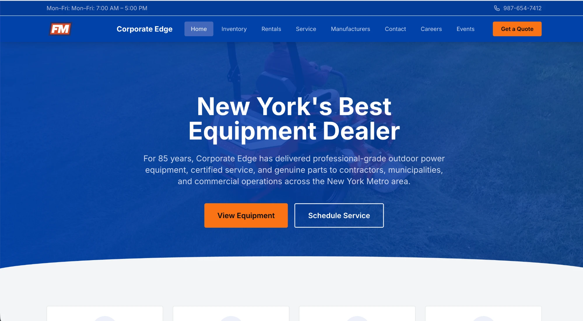 Dealer website built on the Corporate Edge template, with inventory, rentals, service, and quote buttons